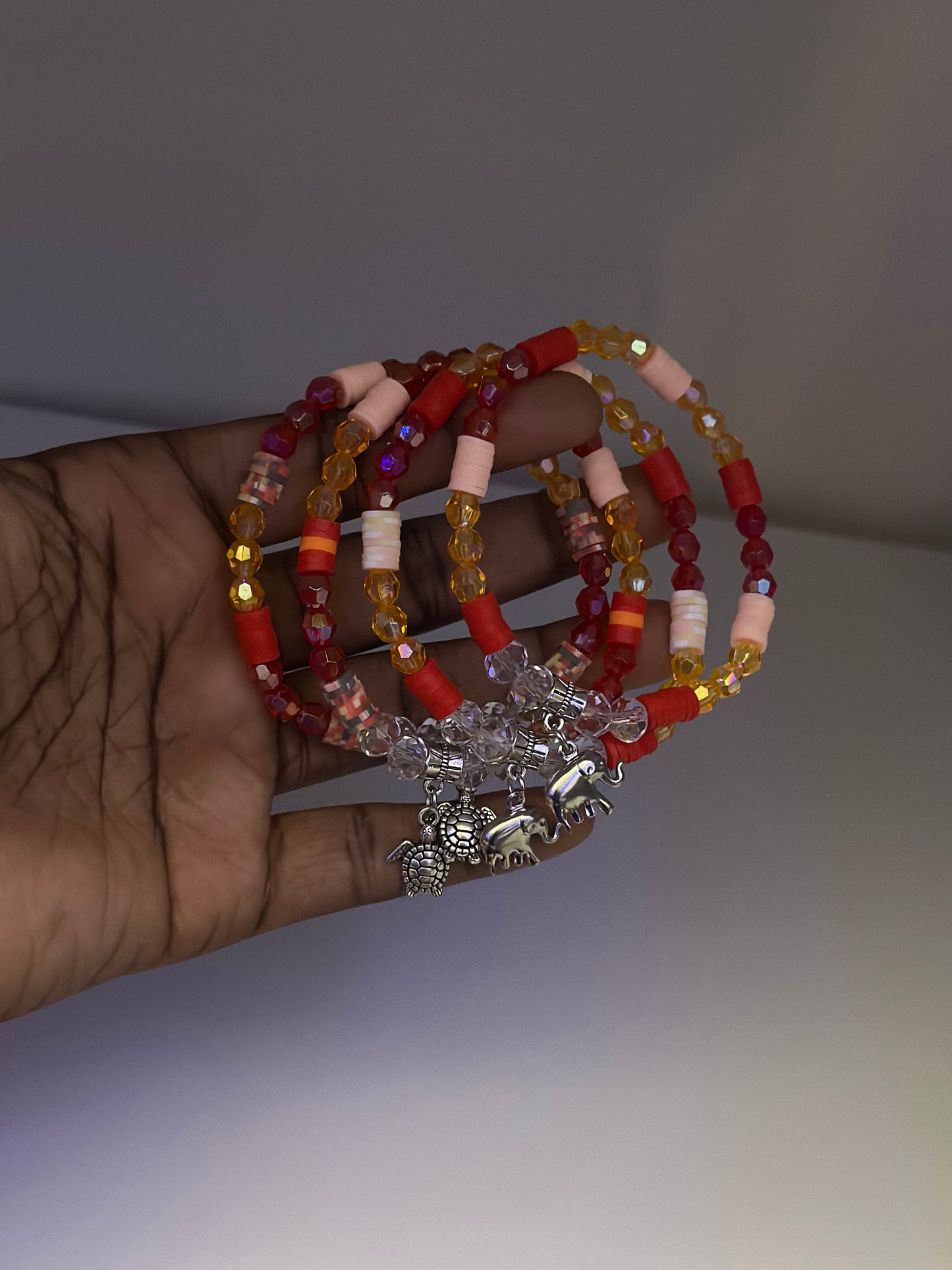 Confetti Elephant/ Turtle Beaded Bracelet - Red