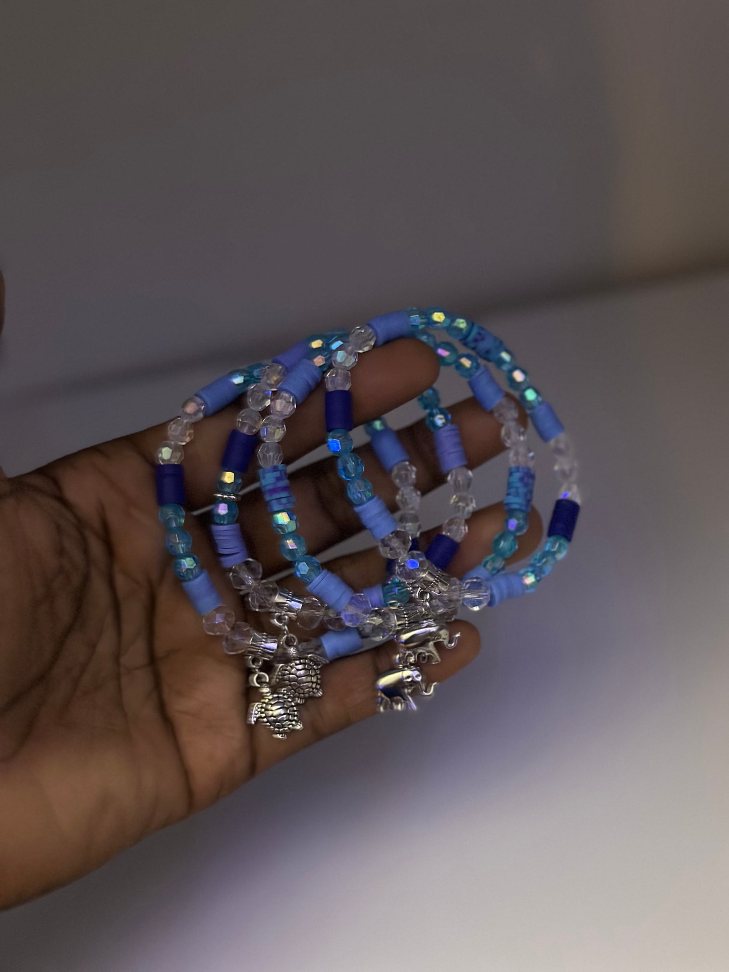 Confetti Elephant/ Turtle Beaded Bracelet - Blue