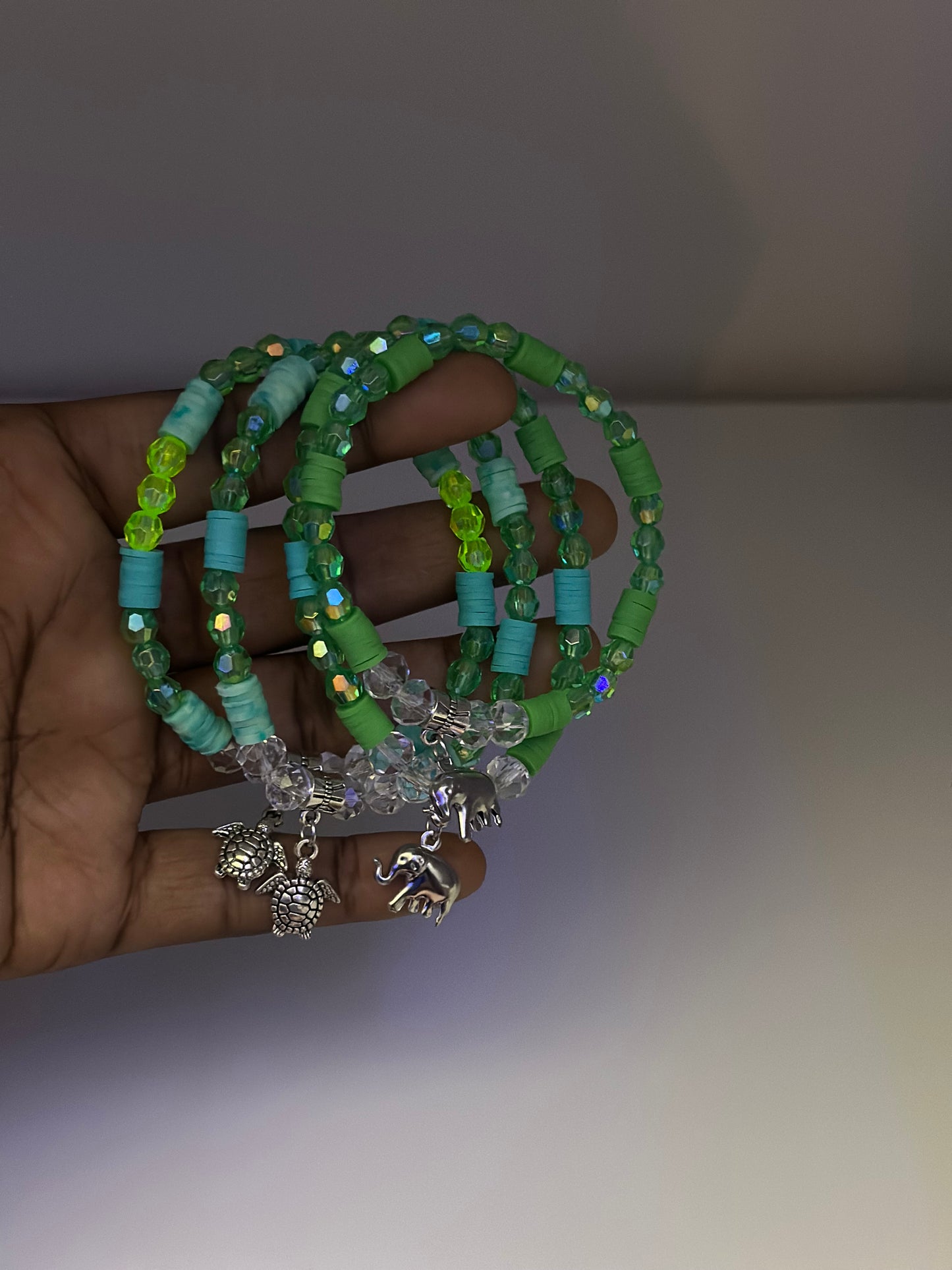 Confetti Elephant/ Turtle Beaded Bracelet- Green