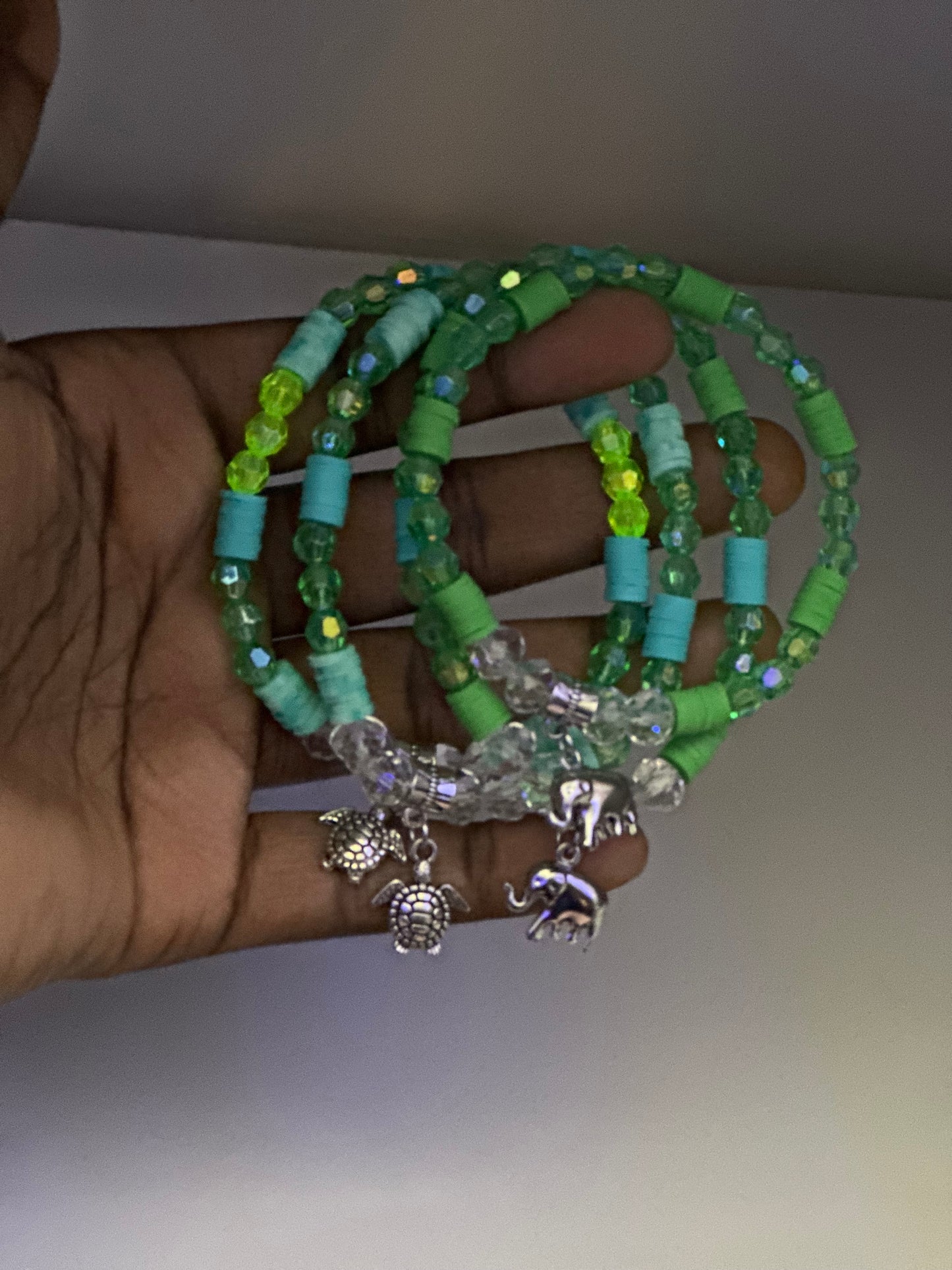 Confetti Elephant/ Turtle Beaded Bracelet- Green
