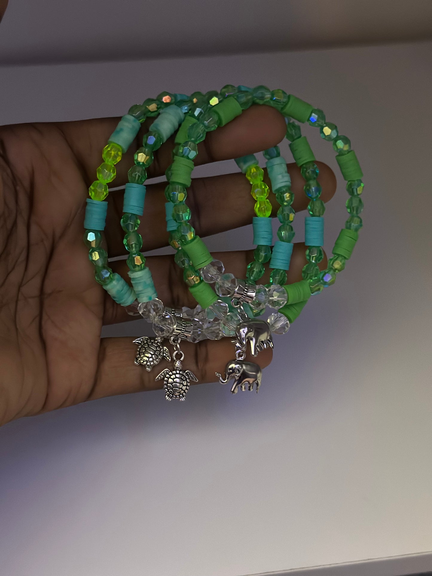 Confetti Elephant/ Turtle Beaded Bracelet- Green